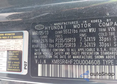 2013 Hyundai Santa Fe Limited z USA, uszkodzony, nr VIN KM8SR4HF2DU004608